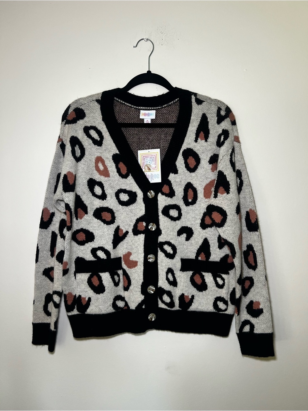 LuLaRoe Leopard Print Button Cardigan - Gray, Brown & Black - Picture 1 of 5